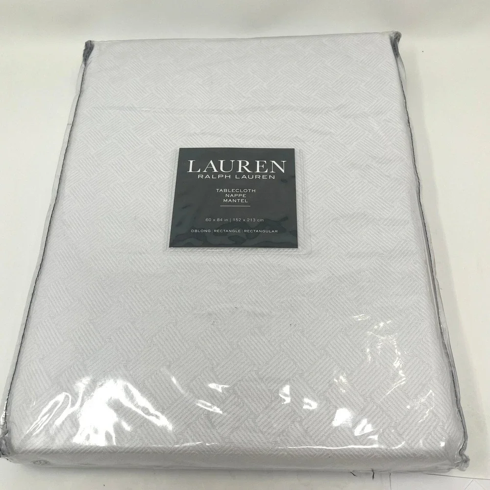 LAUREN Ralph Lauren Tablecloth 60 x 84 Herringbone Basketweave Pattern White New